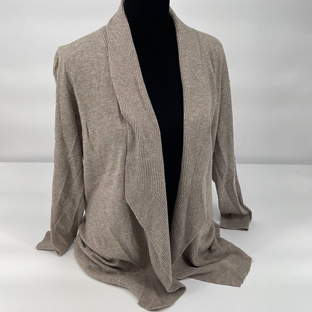 LOFT Womens Cardigan Sweater Open Front Ribbed Long Sleeve Gray Tan Small Petite